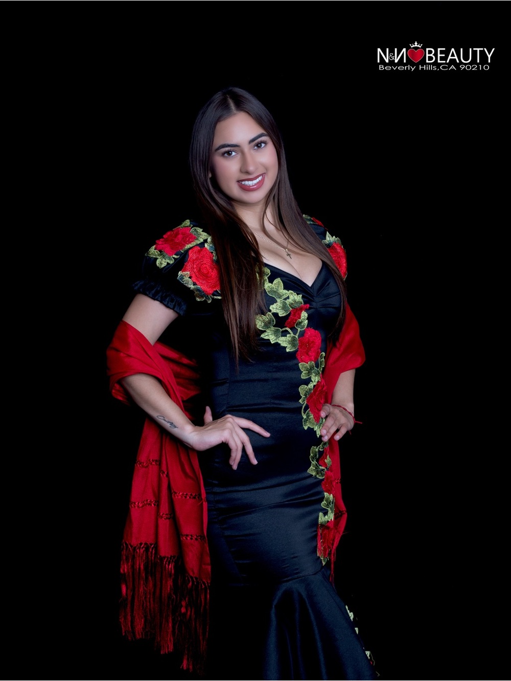 Black Satin Mermaid Dress with Red Rose Embroidery and Red Shawl - Picture 6 of 11